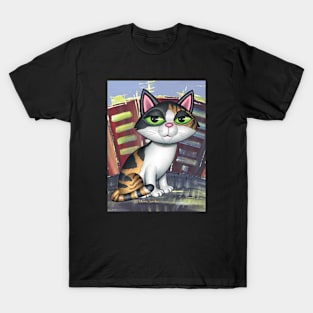 Beautiful Calico Kitty in front of buildings with colors T-Shirt